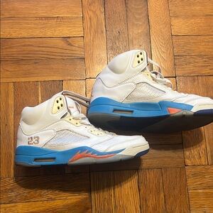 air Jordan V Retro White & Blue Sneakers with Orange Accents